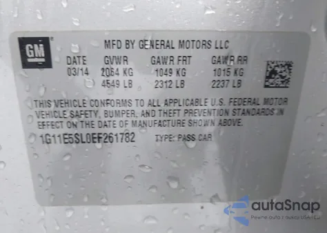 2014 Chevrolet Malibu 2Lt z USA, uszkodzony, nr VIN 1G11E5SL0EF261782